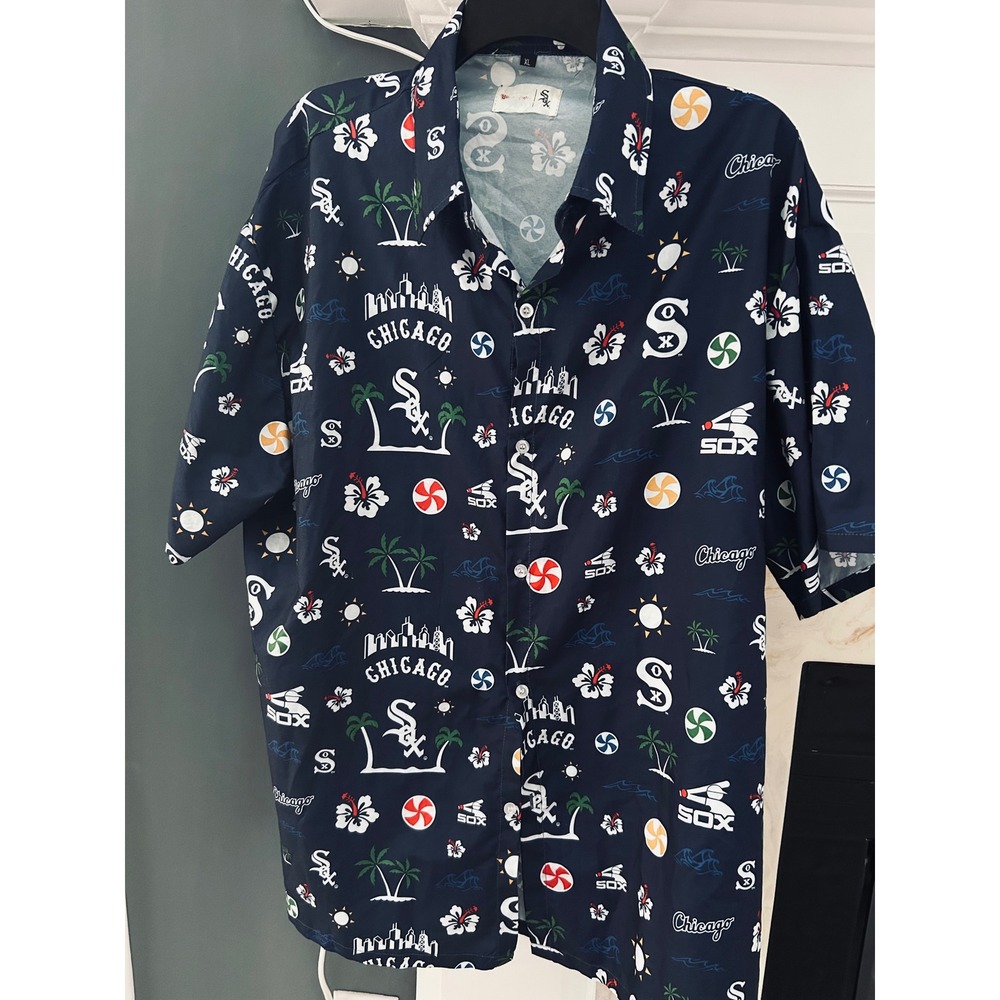 Mens Chicago White Sox MLB Tropical Hawaiian Button Down Shirt Navy Blue XL
